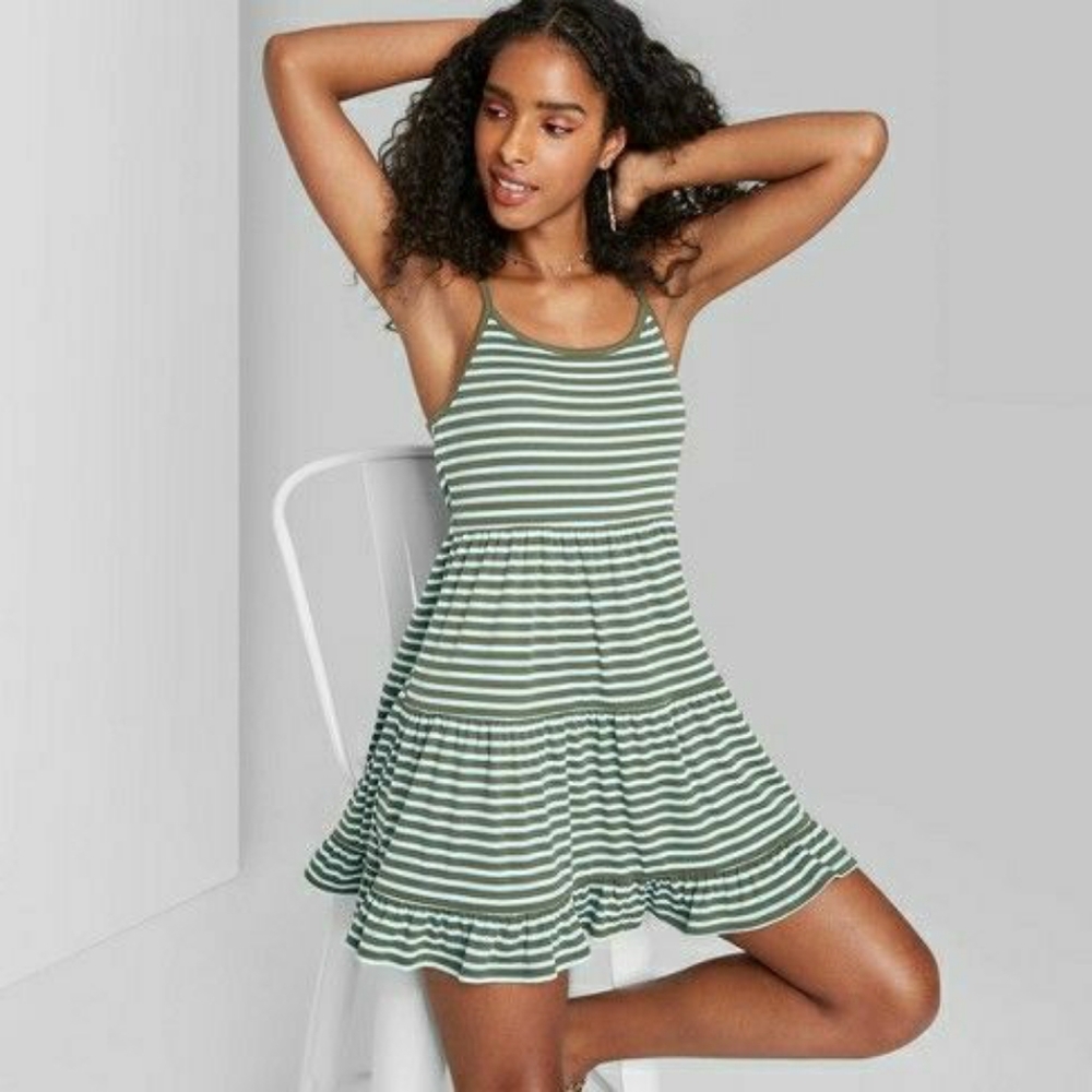 Wild Fable Olive Green Stripe Tier Ruffle Dress